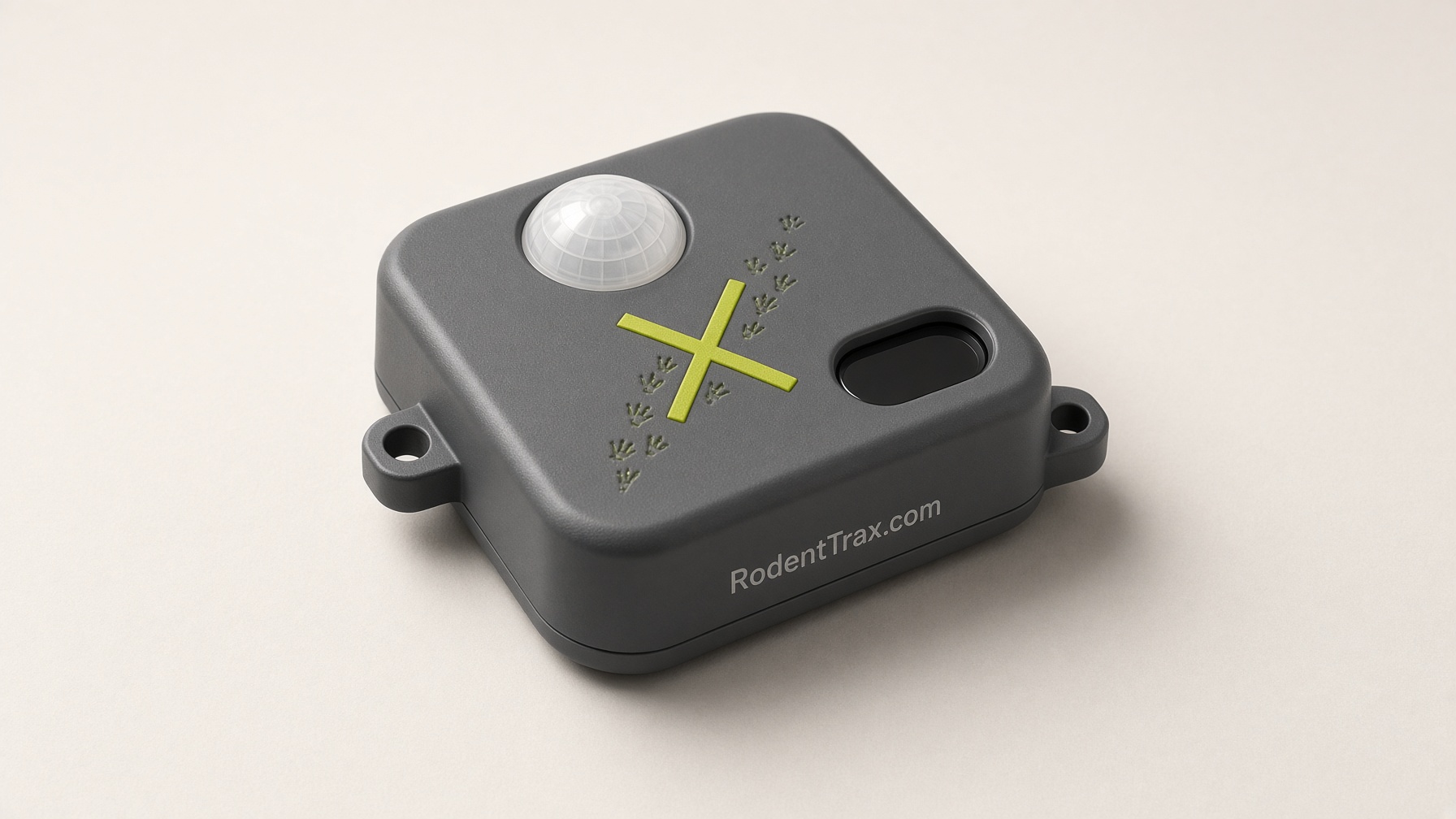 Rodent Trax sensor puck with a white motion dome and chartreuse X
